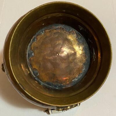 Antique Copper Coal Scuttle Hod Ceramic Handle Brass Lions Head
