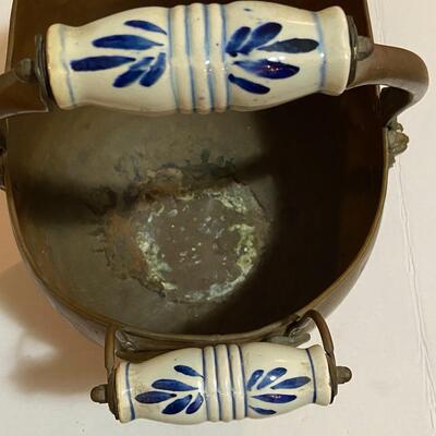 Antique Copper Coal Scuttle Hod Ceramic Handle Brass Lions Head