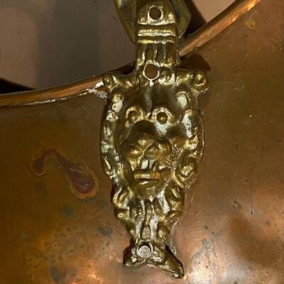 Antique Copper Coal Scuttle Hod Ceramic Handle Brass Lions Head
