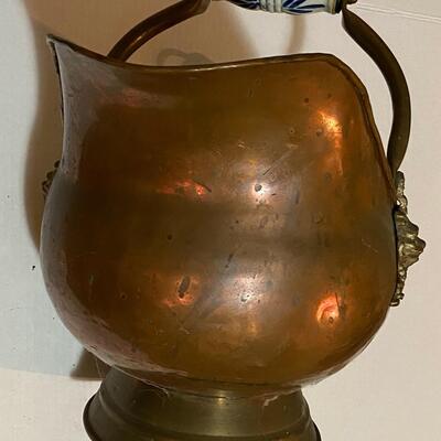 Antique Copper Coal Scuttle Hod Ceramic Handle Brass Lions Head