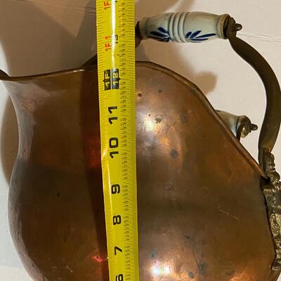 Antique Copper Coal Scuttle Hod Ceramic Handle Brass Lions Head