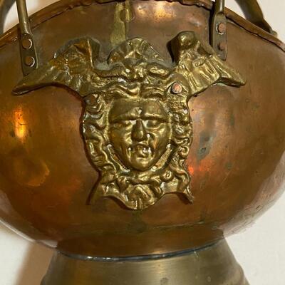 Antique Copper Coal Scuttle Hod Ceramic Handle Brass Lions Head