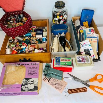 Lot 96  Vintage Group of Sewing Notions Buttons Zippers Thread Tools