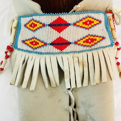 Lot 106  Vintage Native American Mountain Ute White Doeskin Bundle Reed Frame Beaded Flap