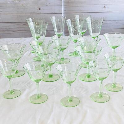 Lot 109  Antique Green Depression Glass Stemware 18pcs