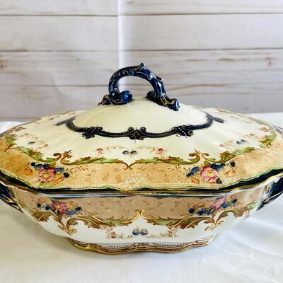 Lot 112  Antique Covered Tureen Cobalt Blue Trim German