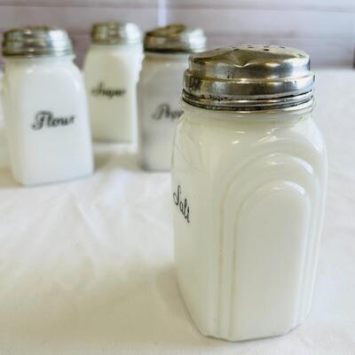 Lot 113  Antique Art Deco Milk Glass Salt Pepper Flour Sugar Shakers