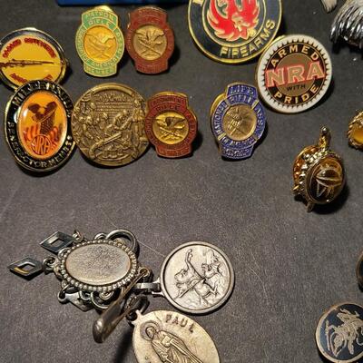Lot J16: Vintage NRA Pins, Ruger, GG Harris Pewter Lot and Siam Sterling Jewelry