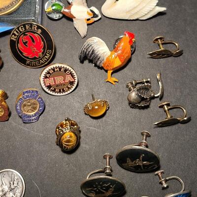 Lot J16: Vintage NRA Pins, Ruger, GG Harris Pewter Lot and Siam Sterling Jewelry