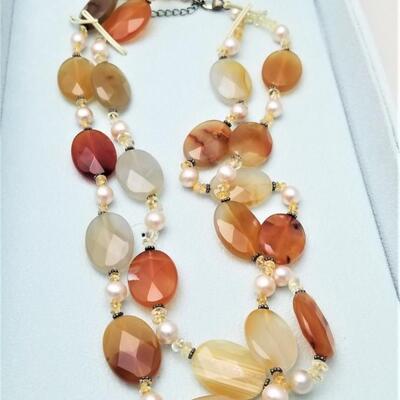 Lot #20  Polished Gemstone Double Strand Necklace - Sterling Clasp