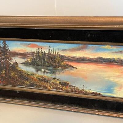 Lot 130  Original Painting Colorful Landscape Sunset on Lake Unusual size. 