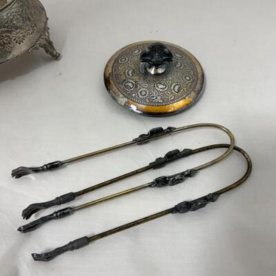 -105- ANTIQUE | Ornate Pickle Castor | Two Tongs | Footed