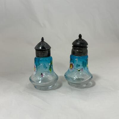 -109- ANTIQUE | Hand Painted | OmbrÃ© | Salt and Pepper Shakers | Blue to Clear