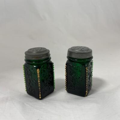 -112- ANTIQUE | Heavy | Emerald and Gold | Square Salt & Pepper Shakers