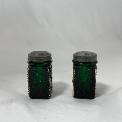 -112- ANTIQUE | Heavy | Emerald and Gold | Square Salt & Pepper Shakers
