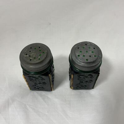 -112- ANTIQUE | Heavy | Emerald and Gold | Square Salt & Pepper Shakers