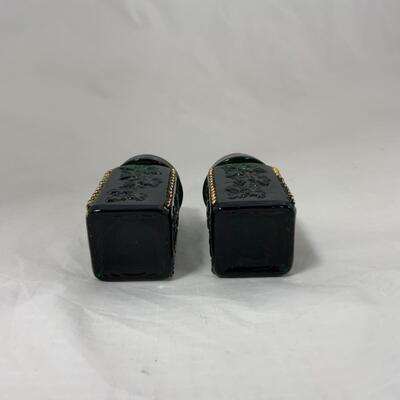 -112- ANTIQUE | Heavy | Emerald and Gold | Square Salt & Pepper Shakers