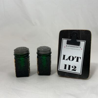 -112- ANTIQUE | Heavy | Emerald and Gold | Square Salt & Pepper Shakers