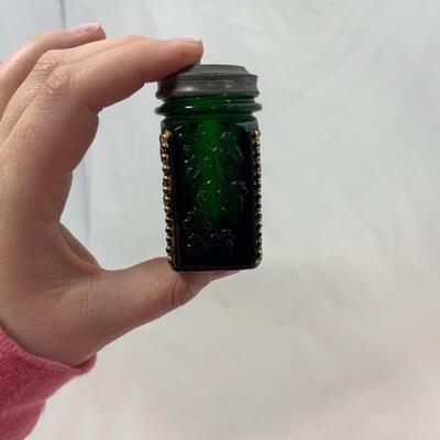 -112- ANTIQUE | Heavy | Emerald and Gold | Square Salt & Pepper Shakers