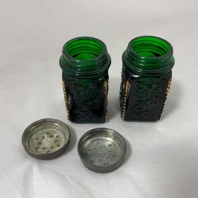 -112- ANTIQUE | Heavy | Emerald and Gold | Square Salt & Pepper Shakers