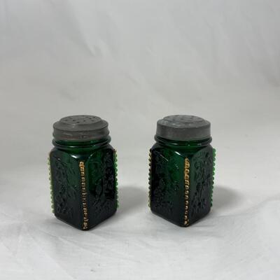 -112- ANTIQUE | Heavy | Emerald and Gold | Square Salt & Pepper Shakers