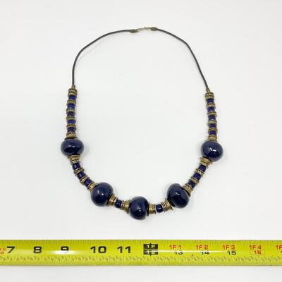 NAVY & BRASS BEADED NECKLACE #1