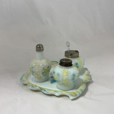 -113- ANTIQUE | Milk Glass | Blue and Yellow Floral | Condiment Set