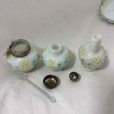-113- ANTIQUE | Milk Glass | Blue and Yellow Floral | Condiment Set