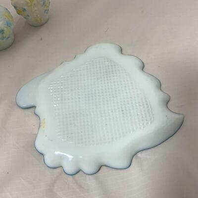 -113- ANTIQUE | Milk Glass | Blue and Yellow Floral | Condiment Set