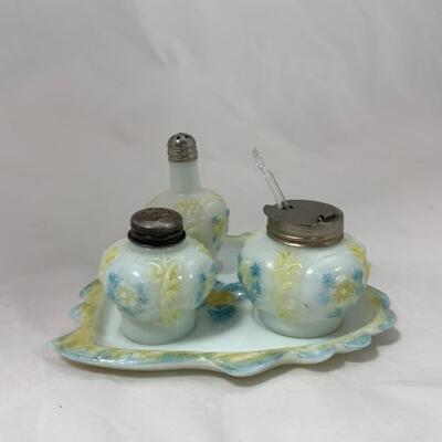 -113- ANTIQUE | Milk Glass | Blue and Yellow Floral | Condiment Set