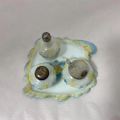 -113- ANTIQUE | Milk Glass | Blue and Yellow Floral | Condiment Set