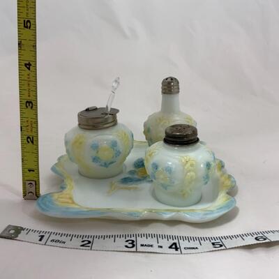 -113- ANTIQUE | Milk Glass | Blue and Yellow Floral | Condiment Set