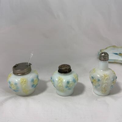 -113- ANTIQUE | Milk Glass | Blue and Yellow Floral | Condiment Set