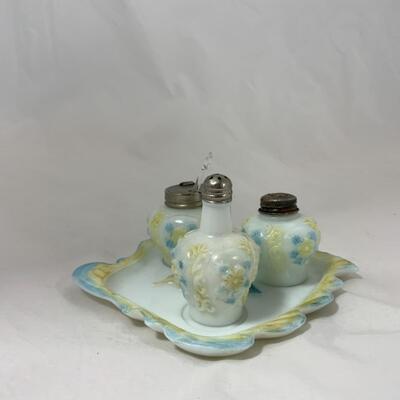 -113- ANTIQUE | Milk Glass | Blue and Yellow Floral | Condiment Set