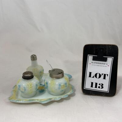 -113- ANTIQUE | Milk Glass | Blue and Yellow Floral | Condiment Set