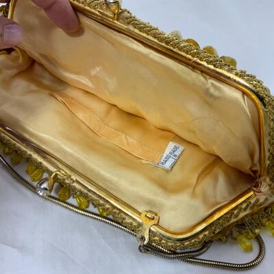 -121- VINTAGE | Beaded Yellow Evening Bag | Satin Lined