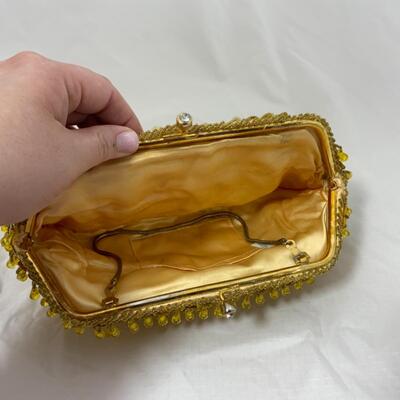 -121- VINTAGE | Beaded Yellow Evening Bag | Satin Lined