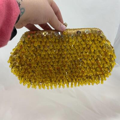 -121- VINTAGE | Beaded Yellow Evening Bag | Satin Lined