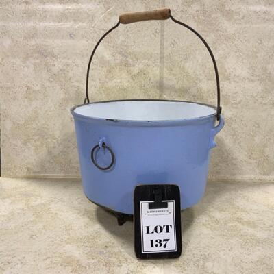 -137- Cast Iron | Porcelain | Wood Handled Pot | Footed