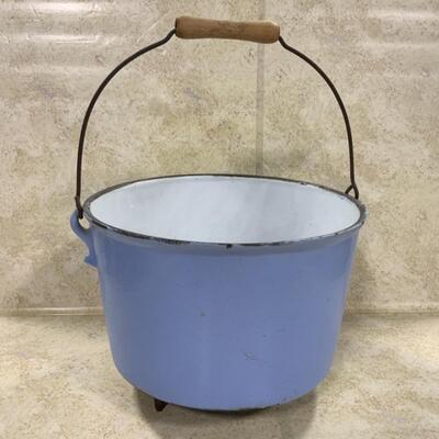 -137- Cast Iron | Porcelain | Wood Handled Pot | Footed