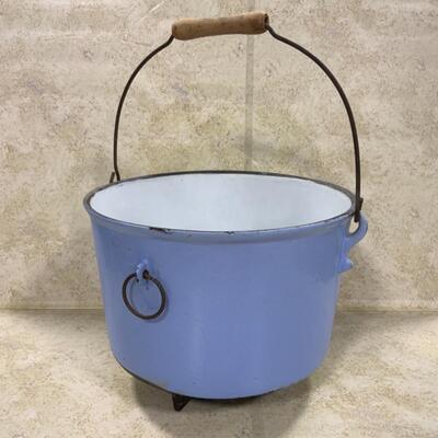 -137- Cast Iron | Porcelain | Wood Handled Pot | Footed