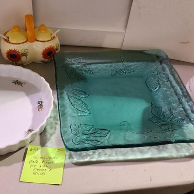 Green Glass Plate+Pie Dish+Pitcher+Relish dish -Item #418