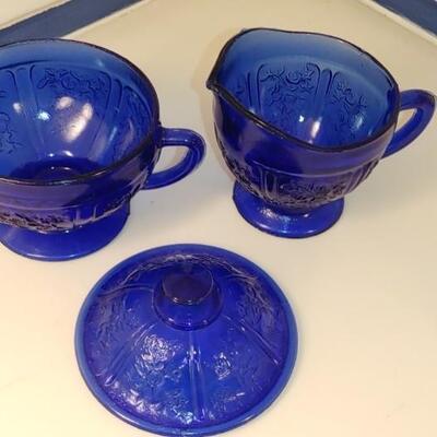 #66 Cobalt Blue Cabbage Rose Depression Sugar & Creamer