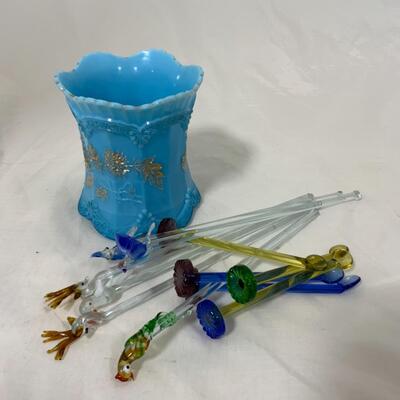 -152- VINTAGE | Northwood Blue Chrysanthemum Sprig Spooner | Swizzle Sticks 
