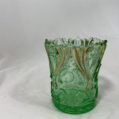 -153- ANTIQUE | Green & Gold Glass Spooner