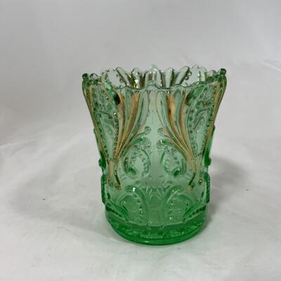-153- ANTIQUE | Green & Gold Glass Spooner