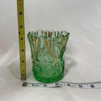 -153- ANTIQUE | Green & Gold Glass Spooner