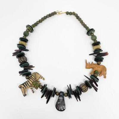 CARVED WOOD AND STONE NECKLACE