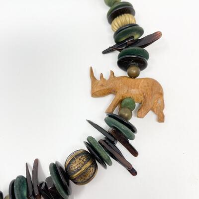 CARVED WOOD AND STONE NECKLACE
