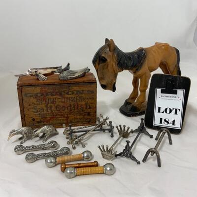 -184- VINTAGE | Metal Knife Rests | Chalkware Horse | Codfish Box